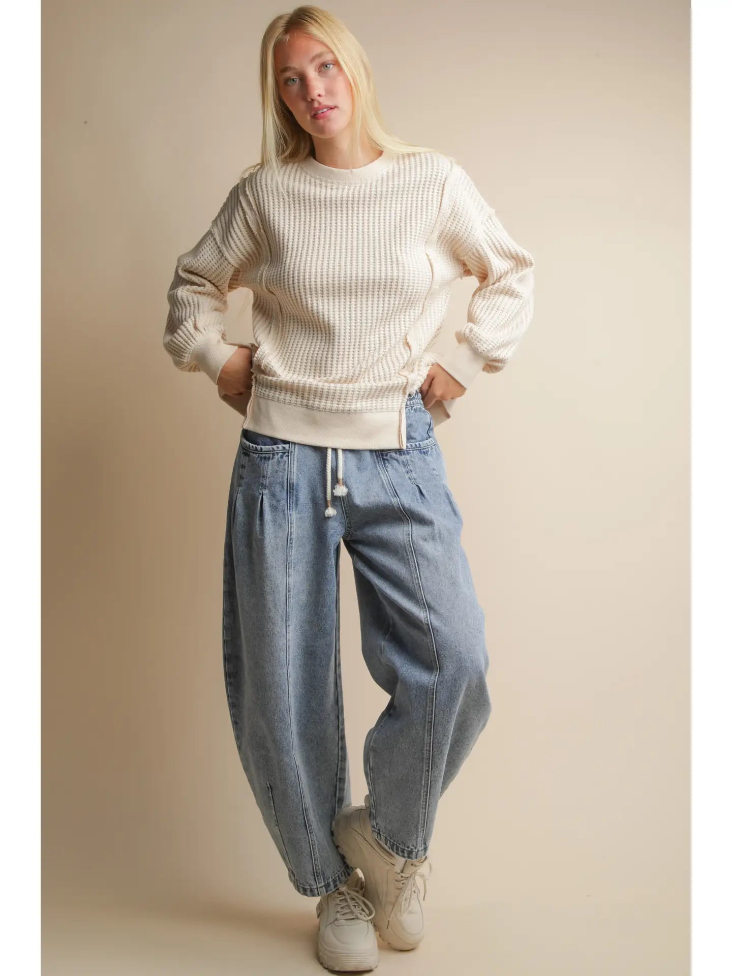 Cream Waffle Vent Hem Top