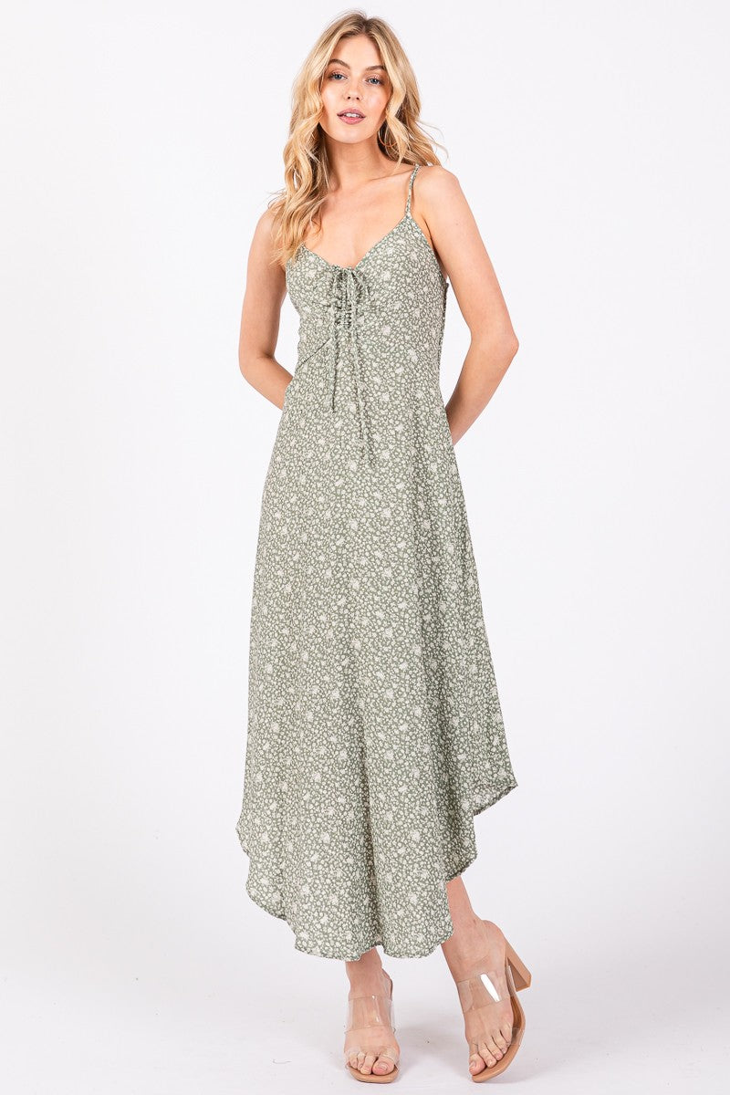 Olive Floral Rouched Midi Dress