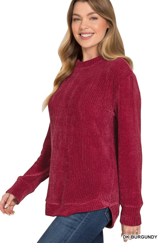 Wine Chenille Curve Hem Sweater