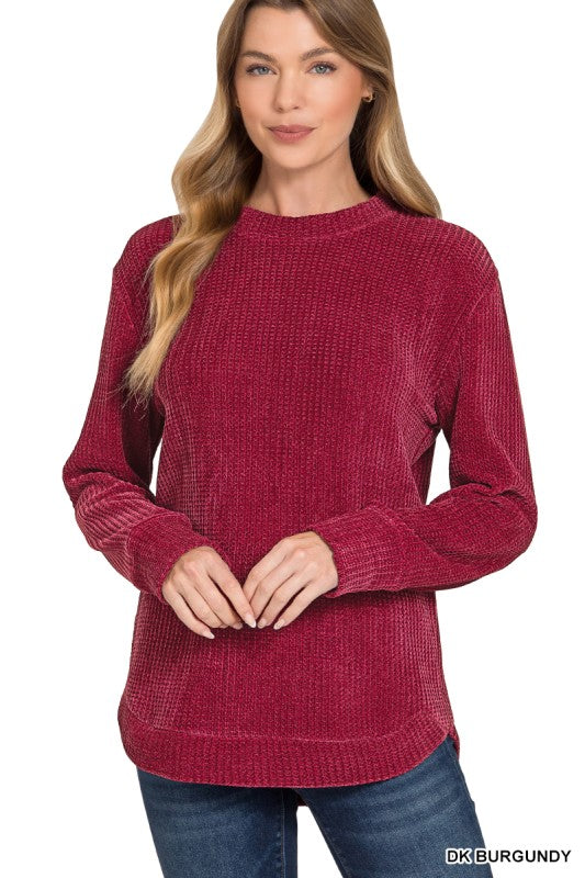 Wine Chenille Curve Hem Sweater