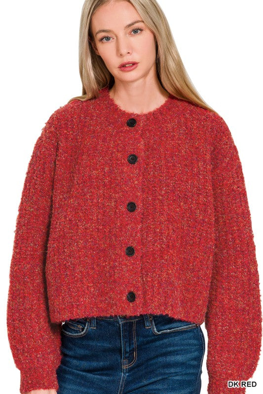 Red Melange Button Cardigan