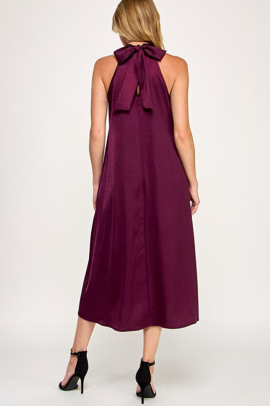 Halter Bow Back Satin Mid Dress
