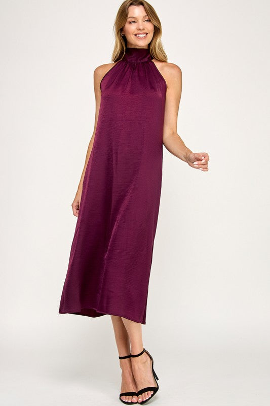 Halter Bow Back Satin Mid Dress