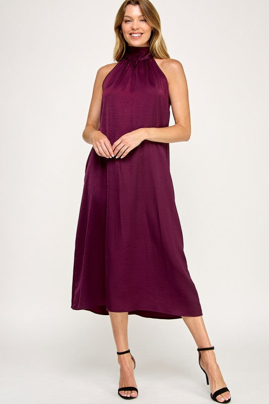 Halter Bow Back Satin Mid Dress