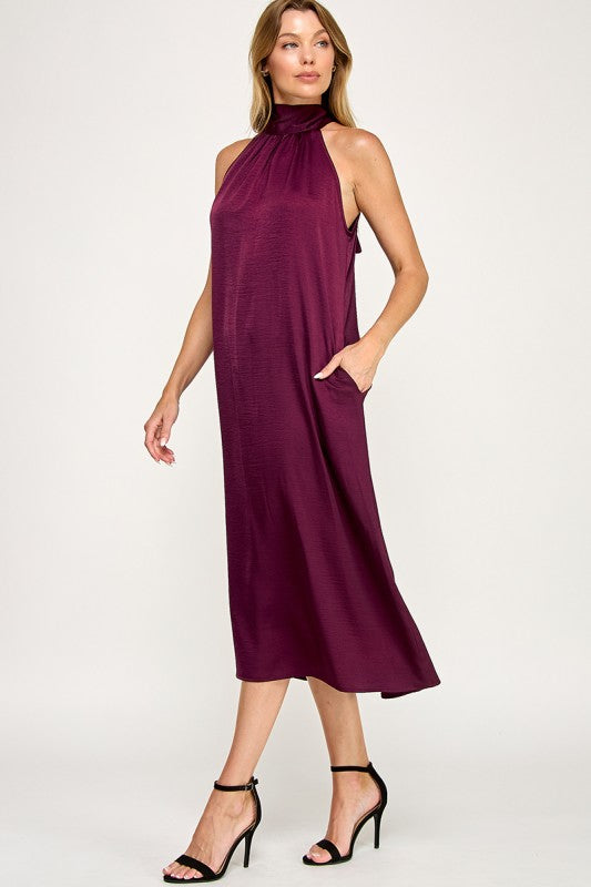 Halter Bow Back Satin Mid Dress