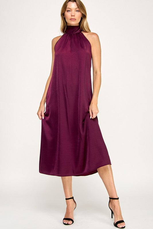 Halter Bow Back Satin Mid Dress