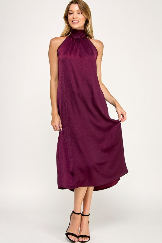 Halter Bow Back Satin Mid Dress