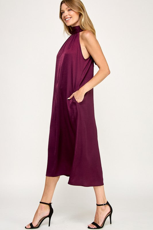 Halter Bow Back Satin Mid Dress