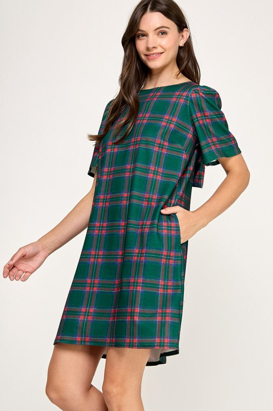 Green Plaid Bow Back Dress