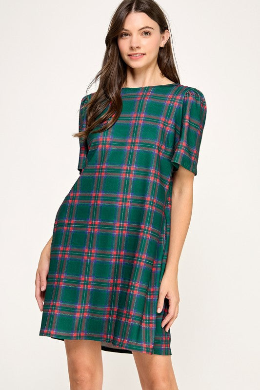 Green Plaid Bow Back Dress