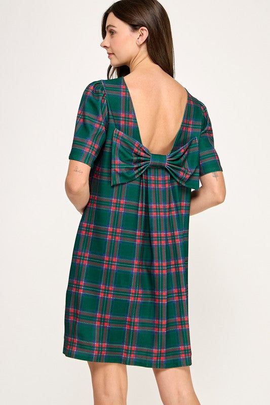 Green Plaid Bow Back Dress