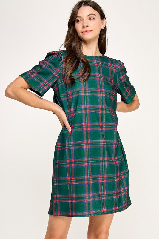 Green Plaid Bow Back Dress