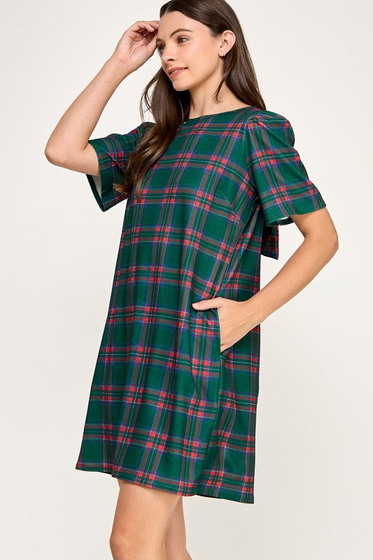 Green Plaid Bow Back Dress