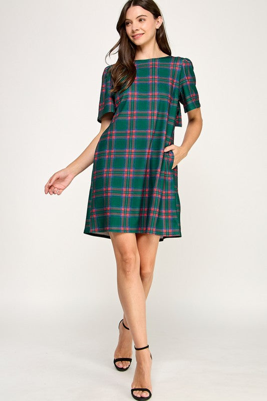 Green Plaid Bow Back Dress