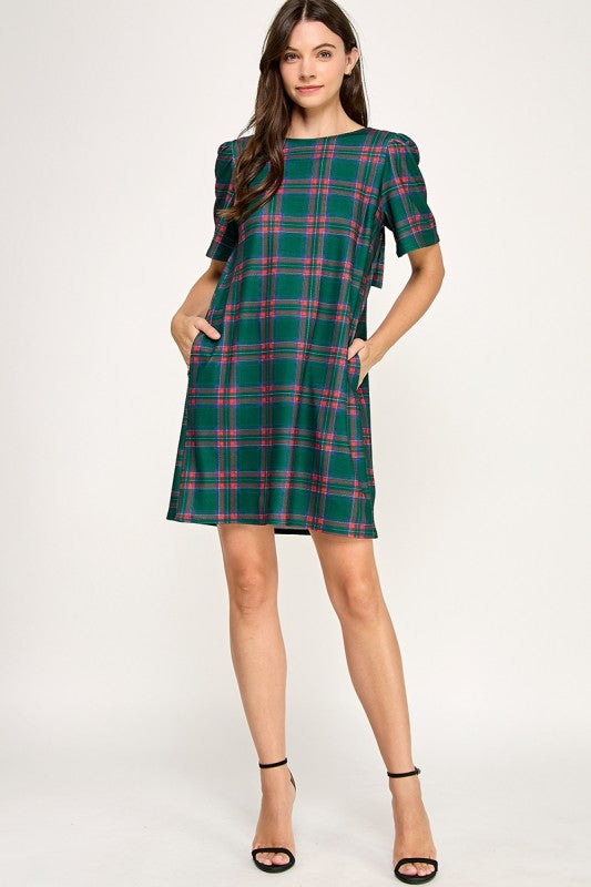 Green Plaid Bow Back Dress