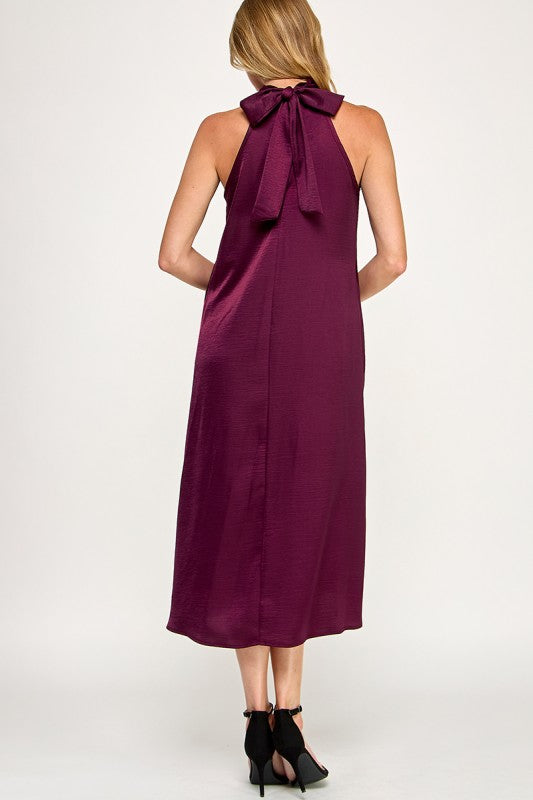 Halter Bow Back Satin Mid Dress