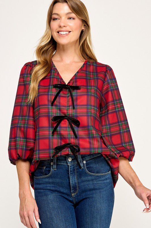 Red Plaid Bow Detail Blouse