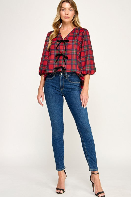 Red Plaid Bow Detail Blouse