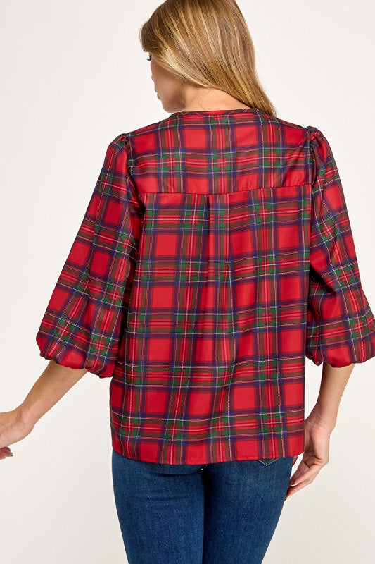 Red Plaid Bow Detail Blouse