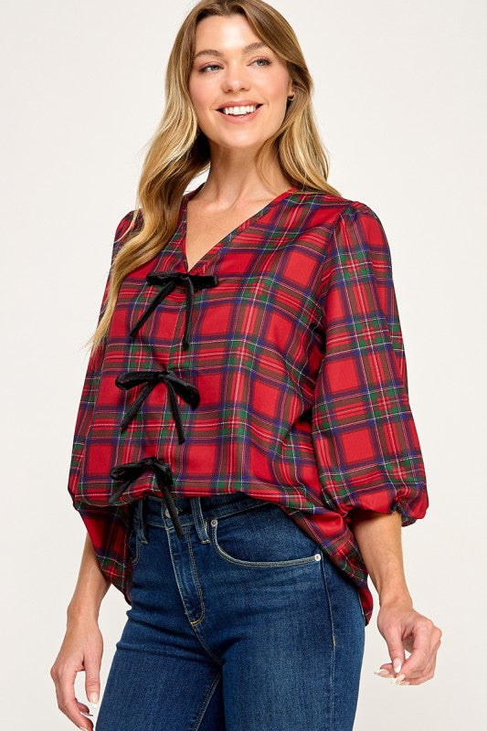 Red Plaid Bow Detail Blouse