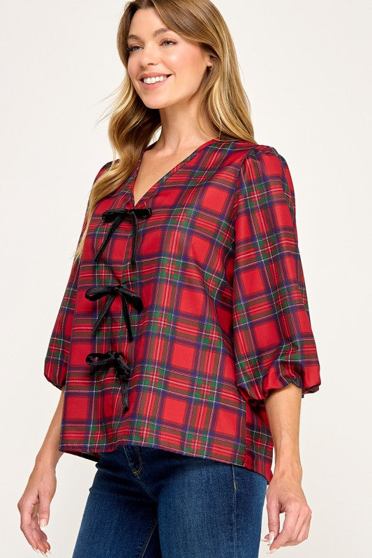 Red Plaid Bow Detail Blouse