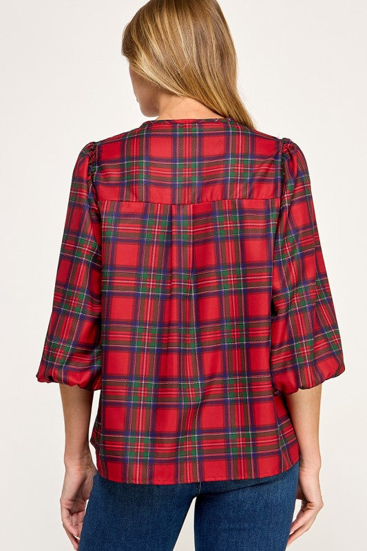 Red Plaid Bow Detail Blouse