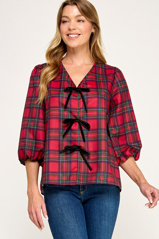 Red Plaid Bow Detail Blouse