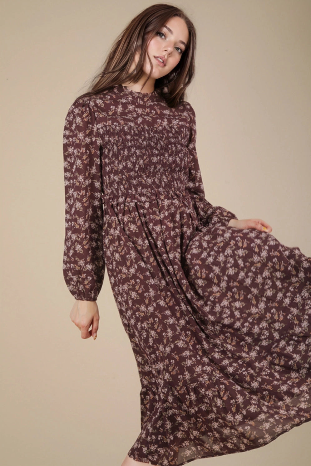Wine Mock Neck Floral Midi Dress