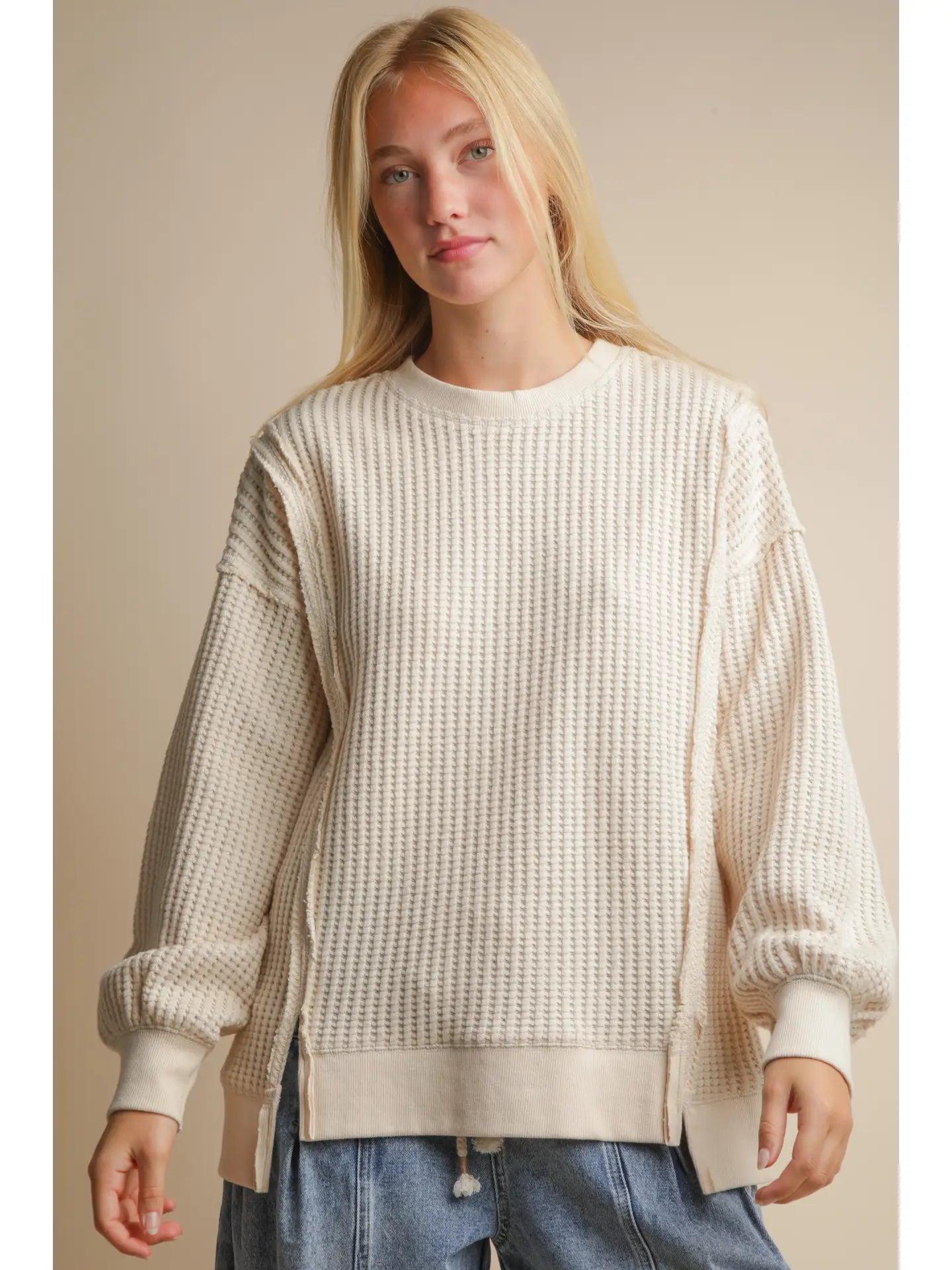 Cream Waffle Vent Hem Top