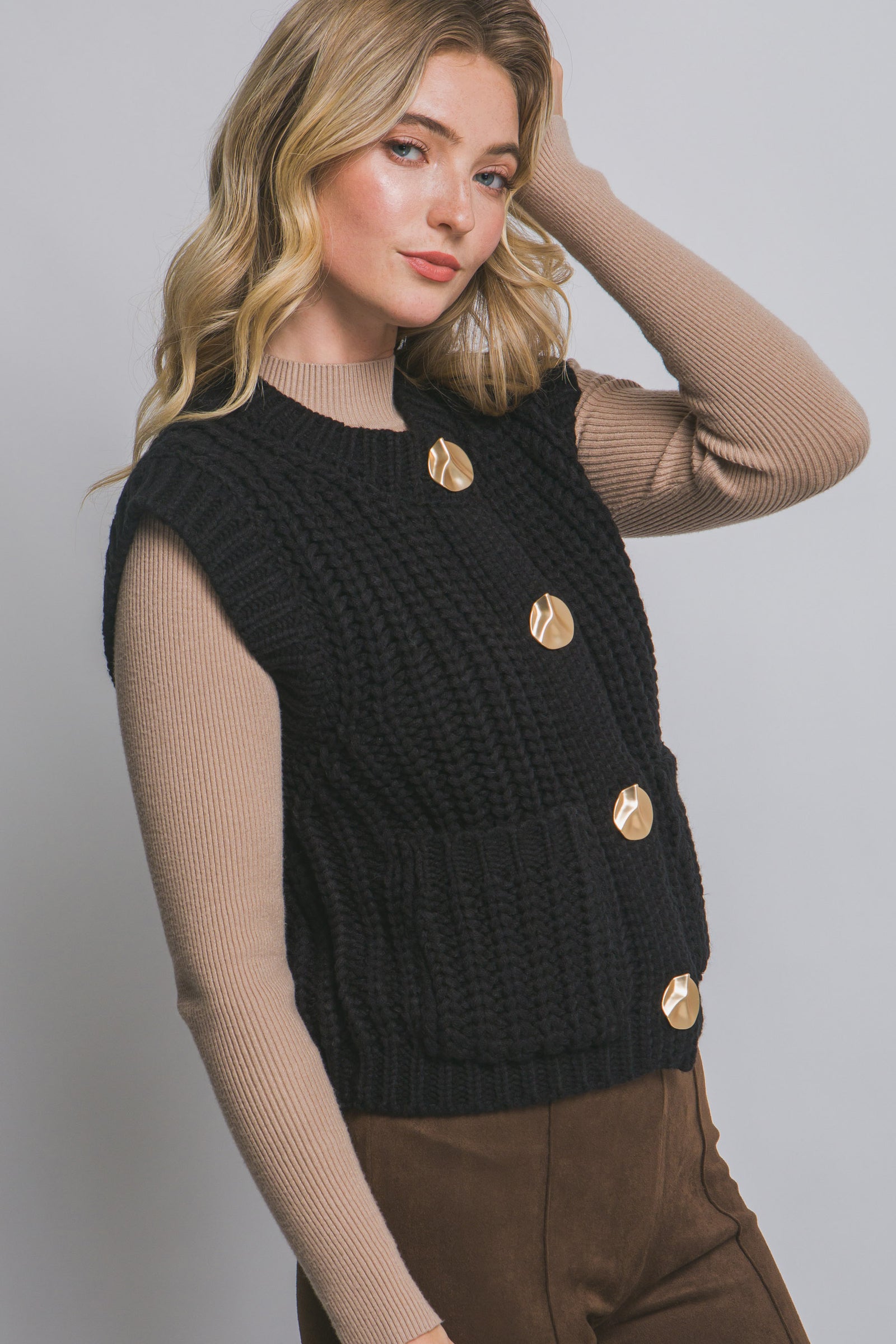 Gold Button Black Knit Vest