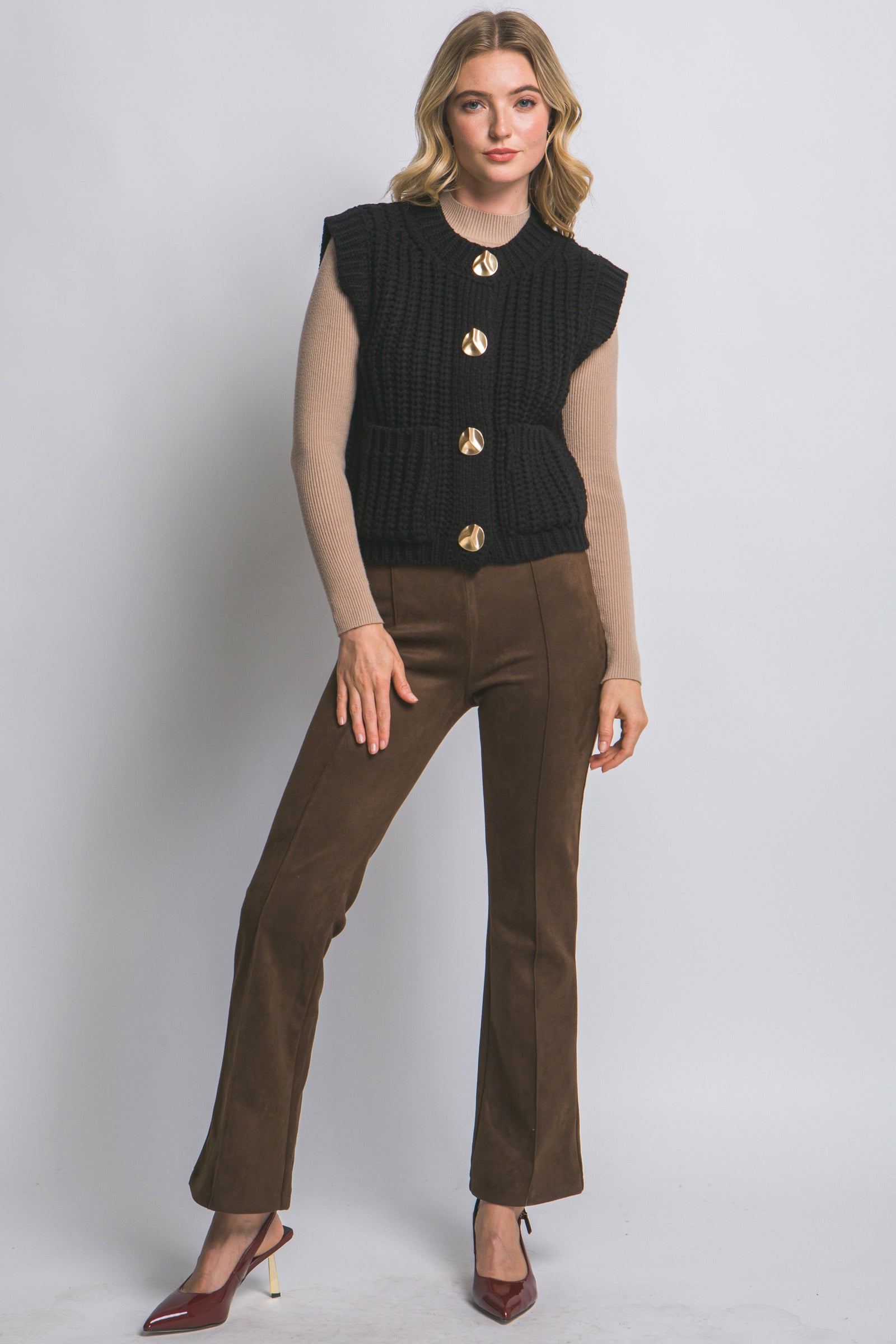 Gold Button Black Knit Vest