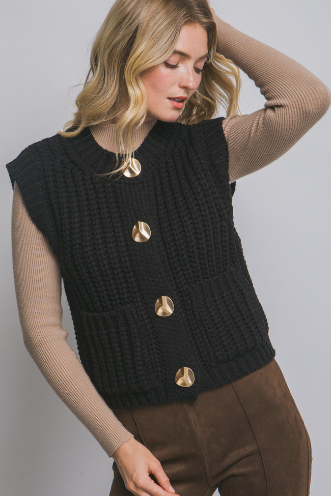 Gold Button Black Knit Vest