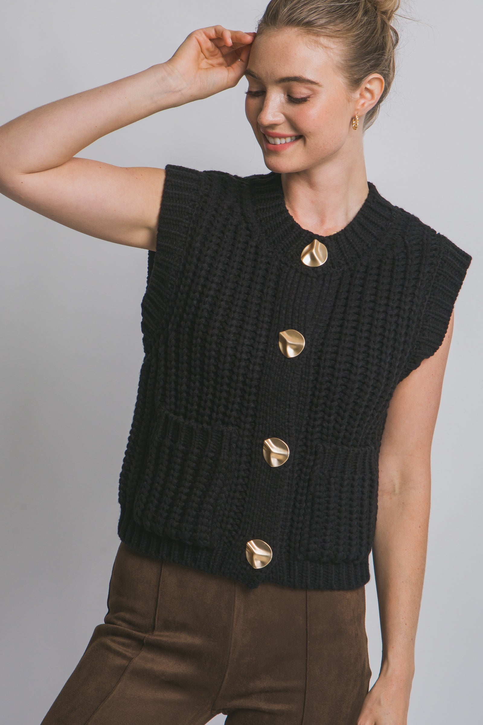 Gold Button Black Knit Vest