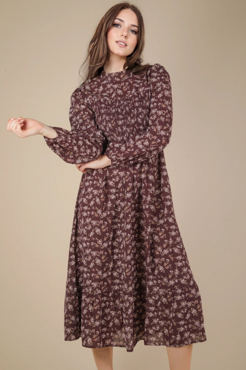 Wine Mock Neck Floral Midi Dress
