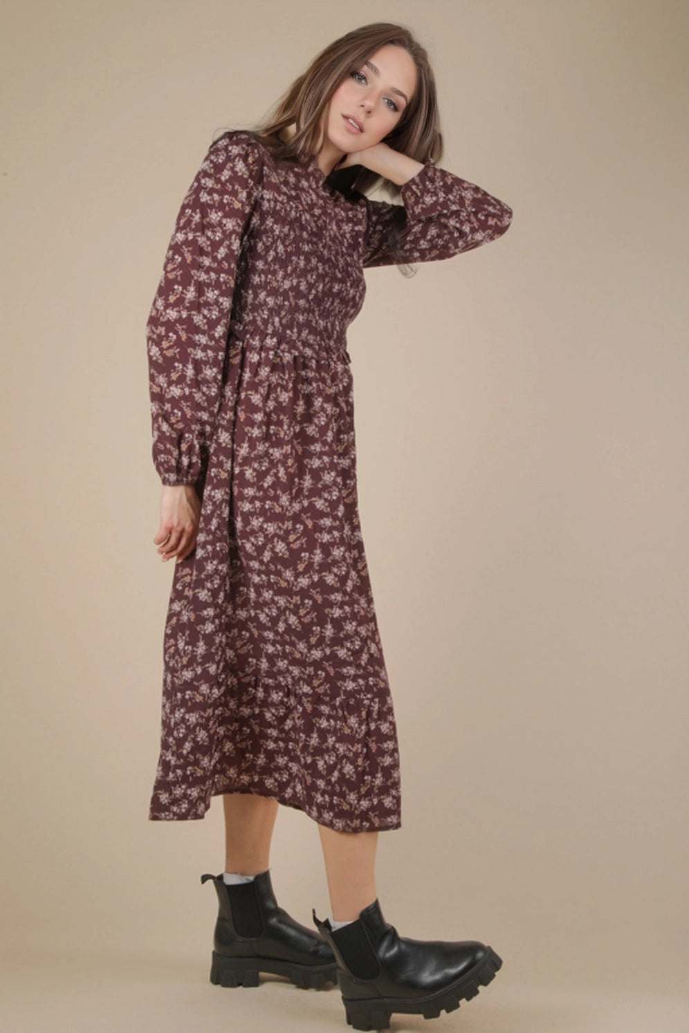 Wine Mock Neck Floral Midi Dress
