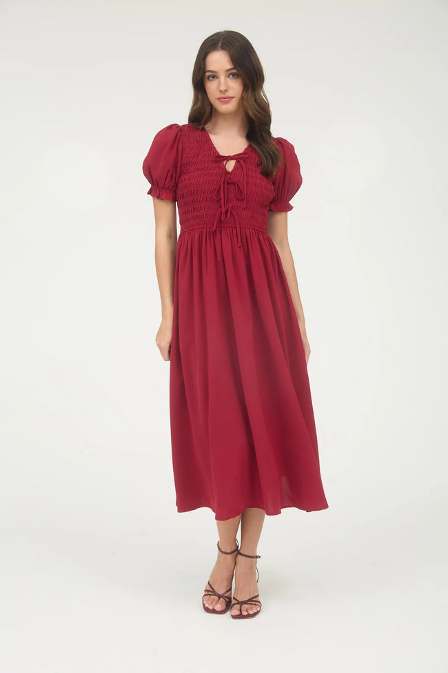 Red Smocked Bow Detail Midi Dress