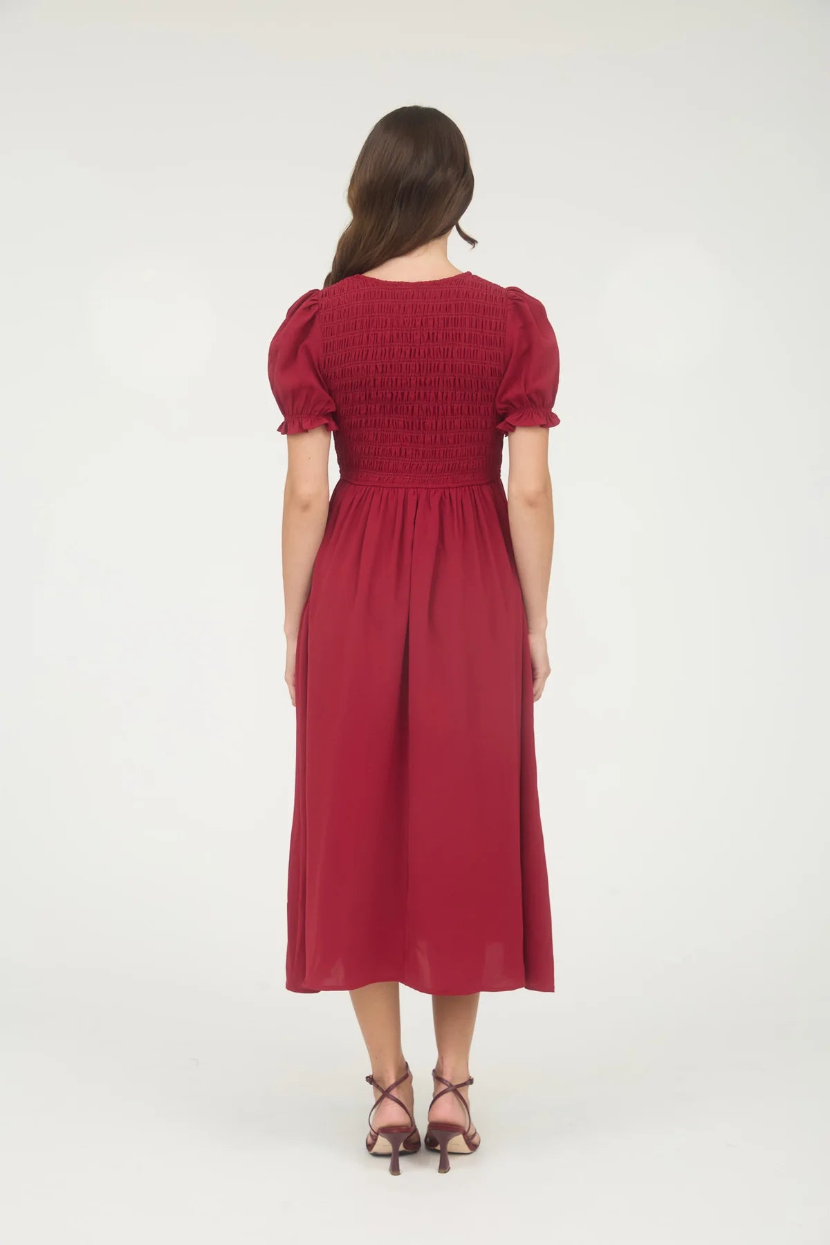 Red Smocked Bow Detail Midi Dress