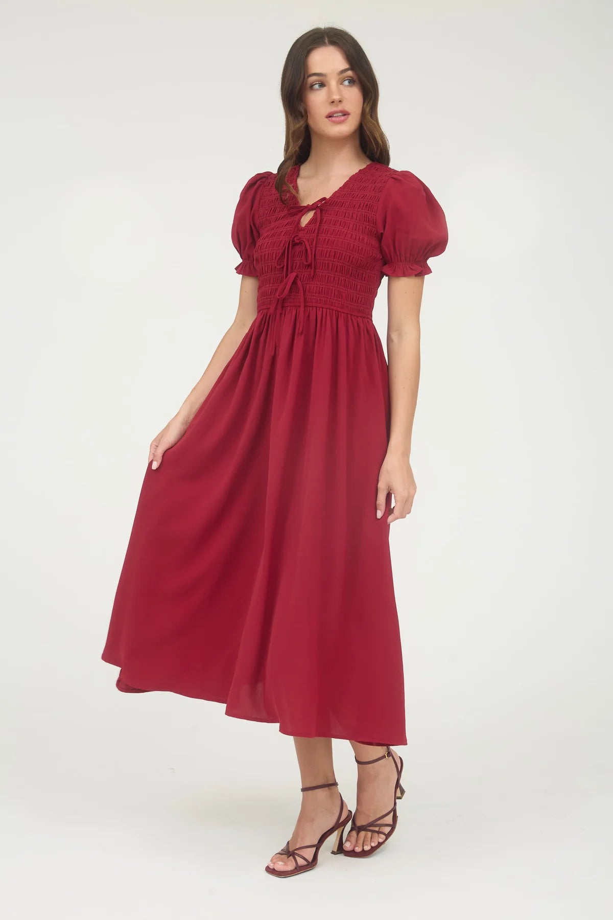 Red Smocked Bow Detail Midi Dress