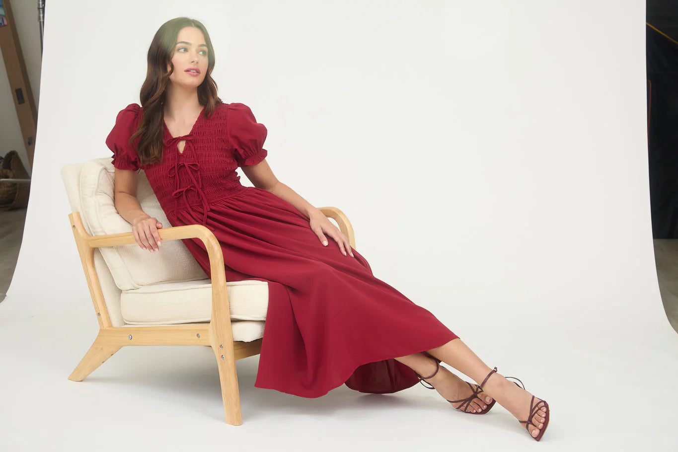 Red Smocked Bow Detail Midi Dress