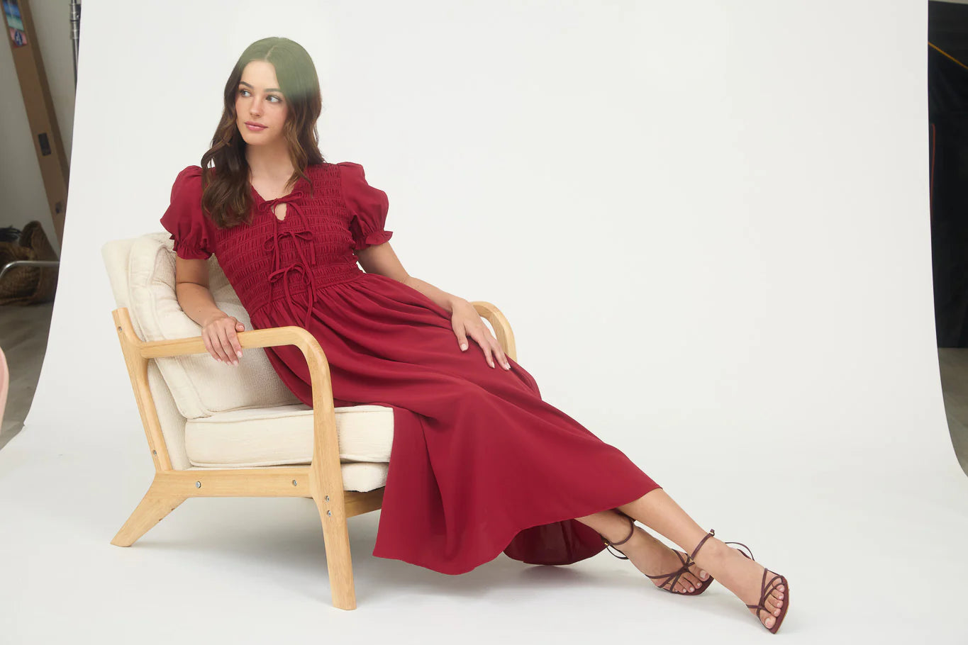 Red Smocked Bow Detail Midi Dress