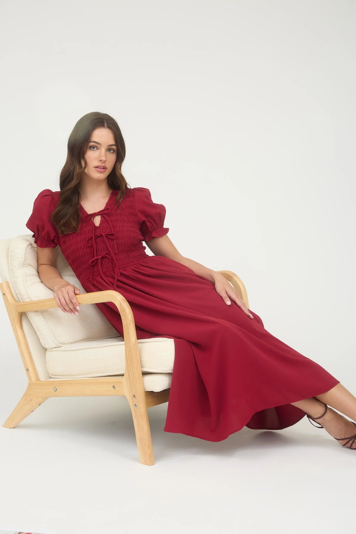 Red Smocked Bow Detail Midi Dress