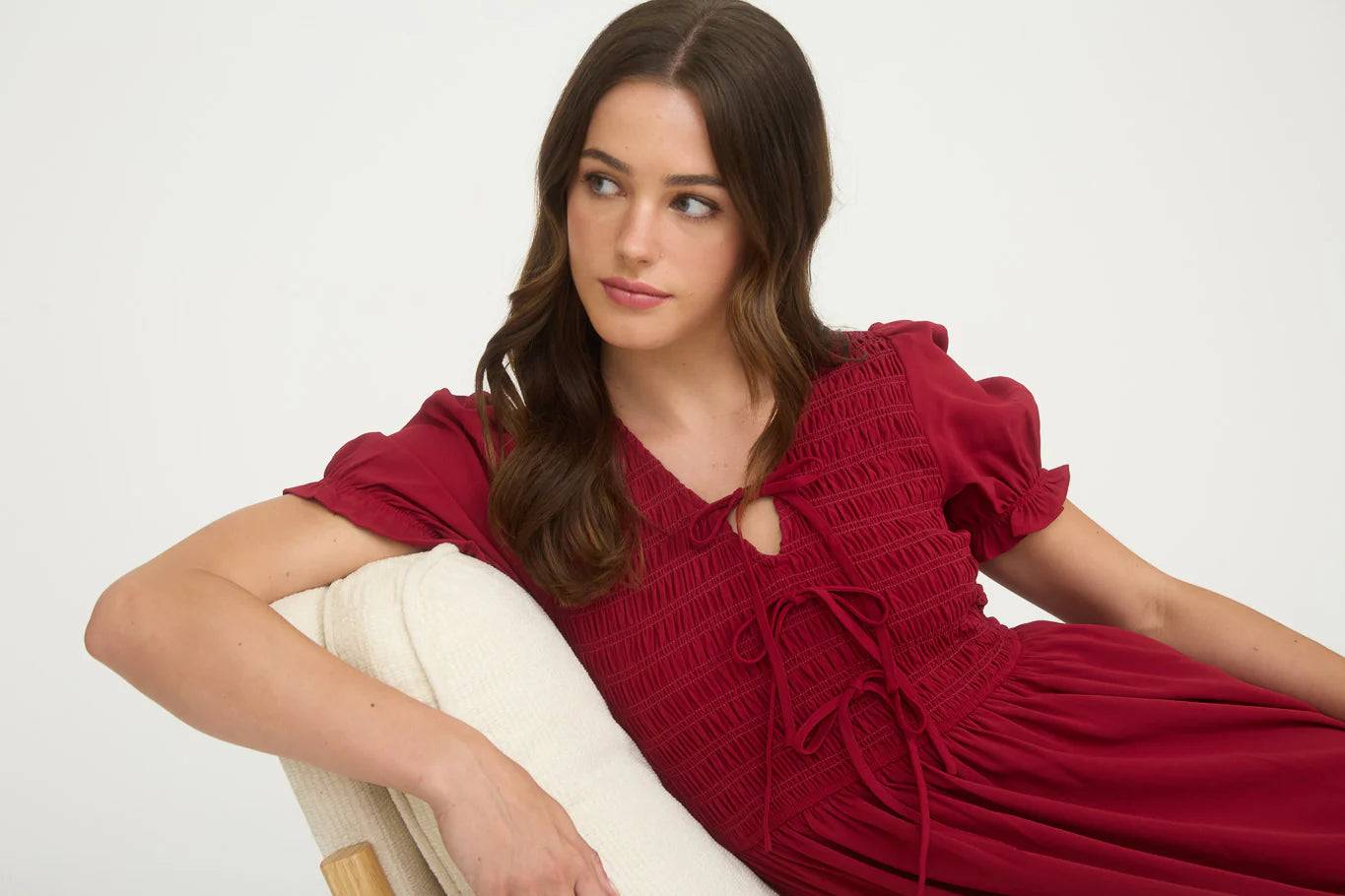 Red Smocked Bow Detail Midi Dress