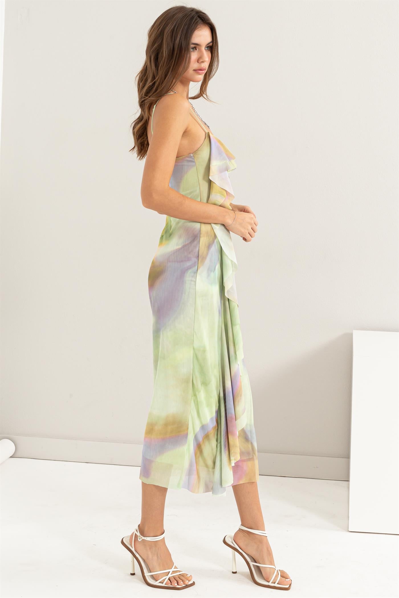 Ombre Ruffle Rouched Midi Dress