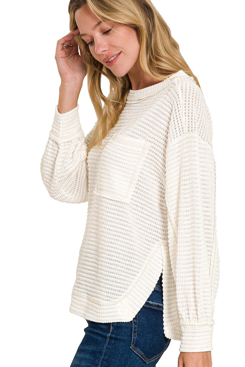 Cream Balloon Sleeve Waffle Top