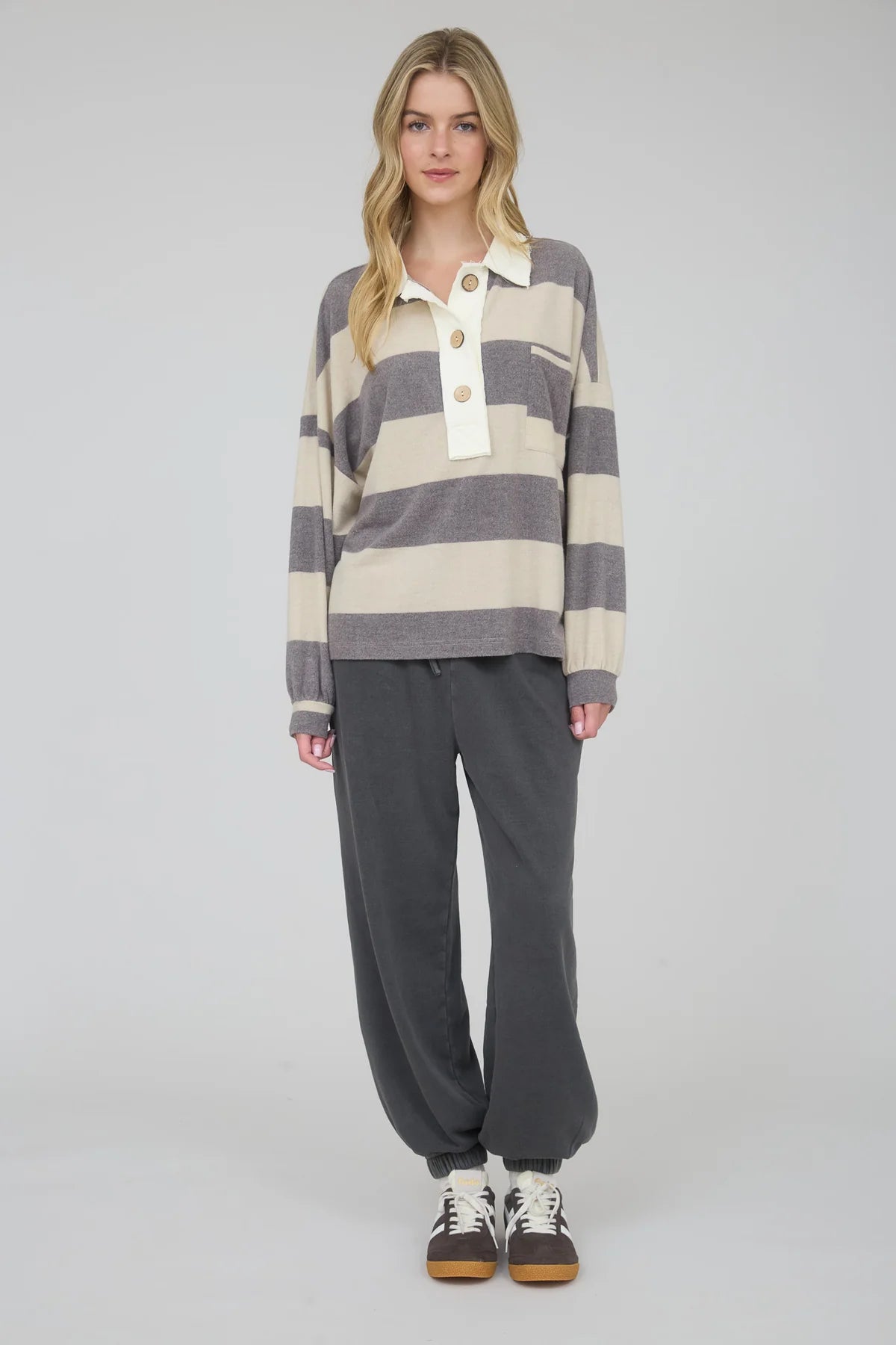 Stripe Henley Wood Button Polo