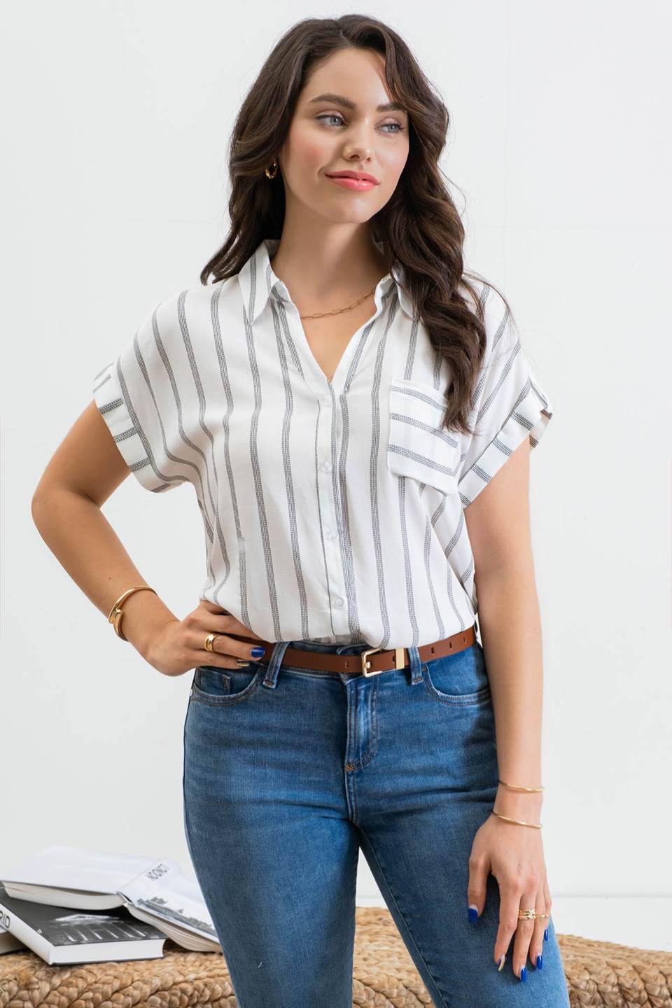 Stripe Tab Sleeve Button Up Top