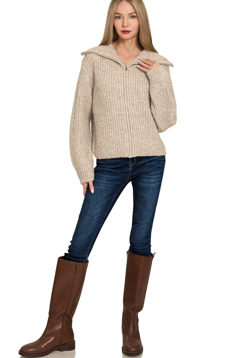 Wide Collar Zipper Sweater Cardi