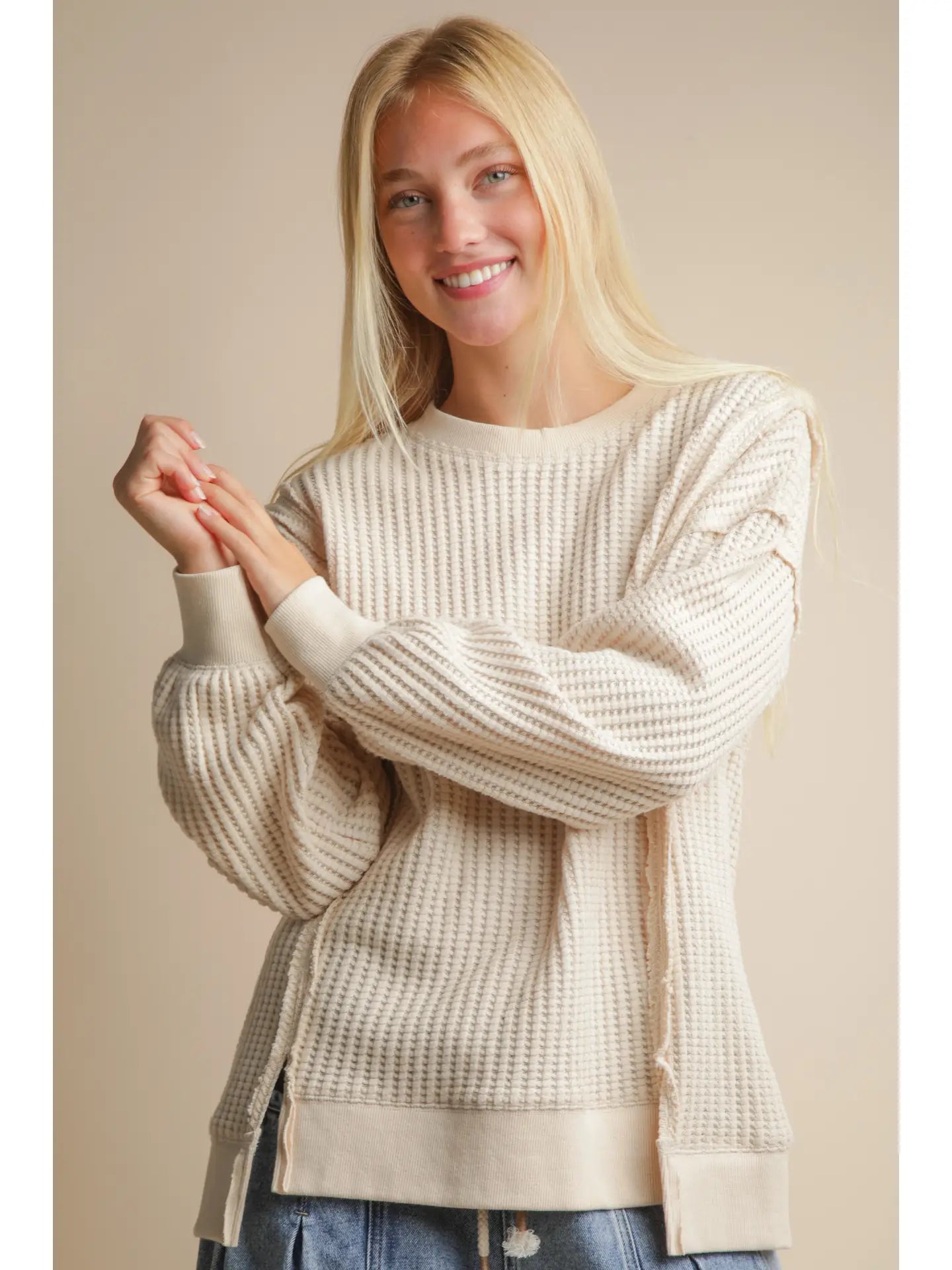 Cream Waffle Vent Hem Top