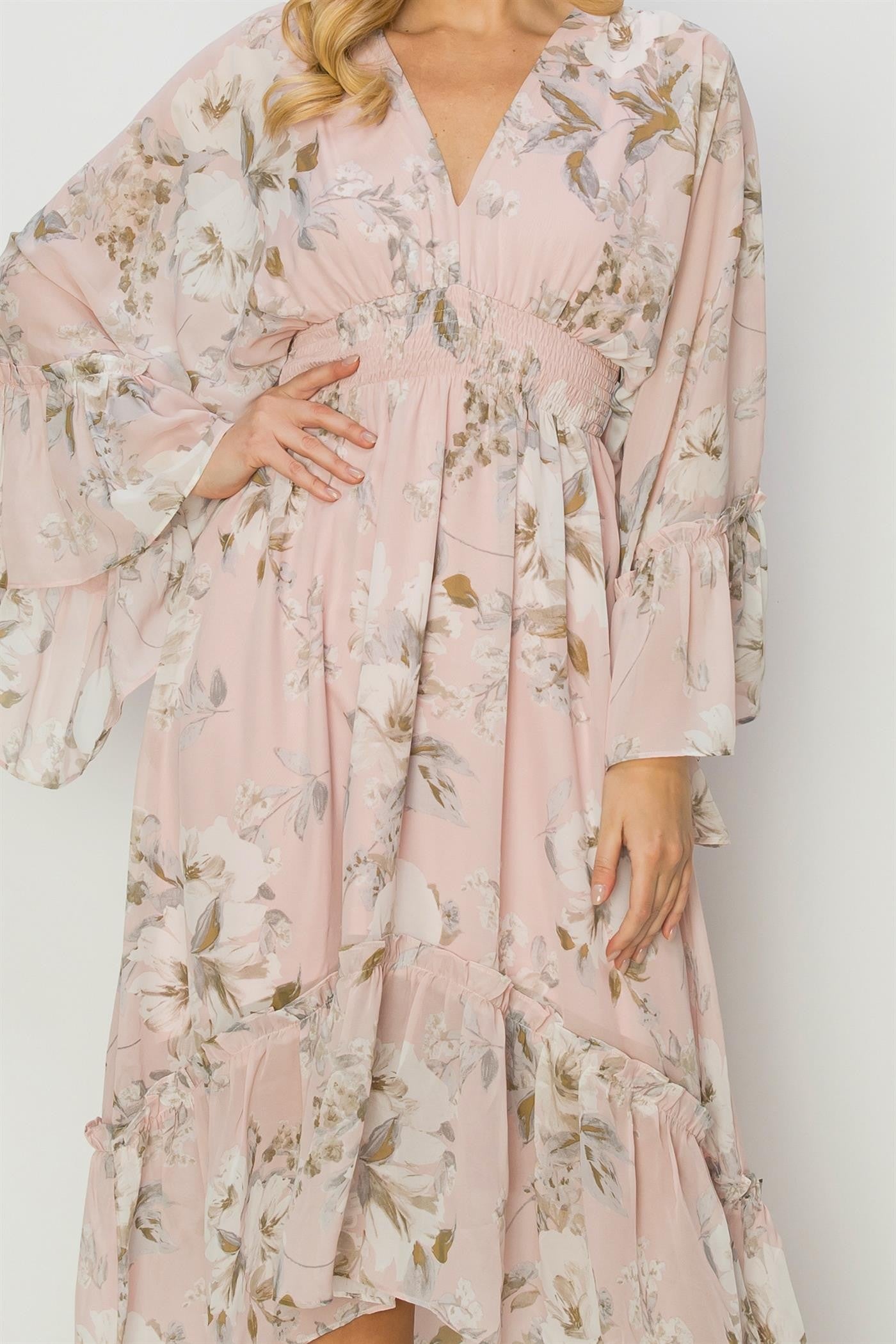 Blush Bell Sleeve Floral Midi Dress