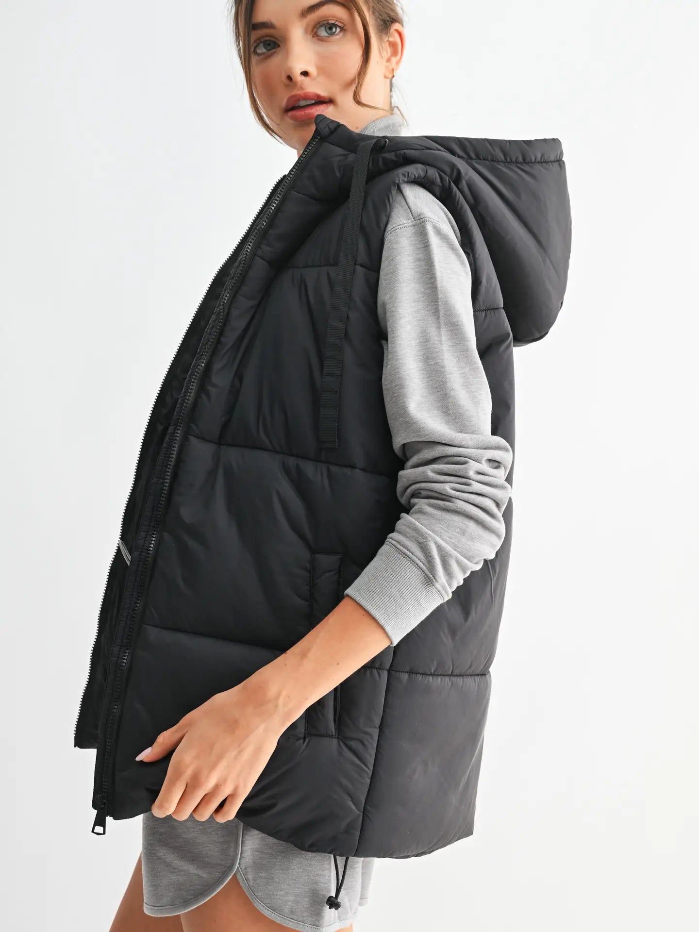 Hooded Long Line Puffer Vest